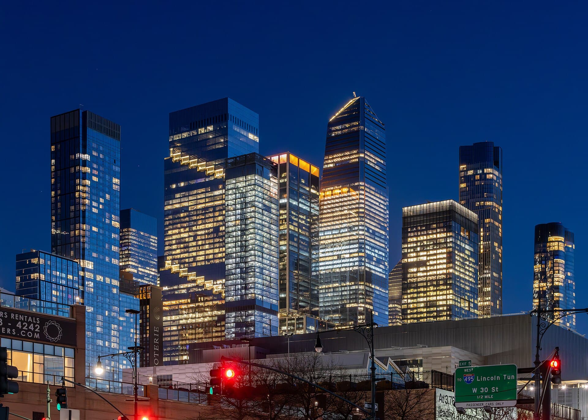 The Hudson Yards development at dusk, New York