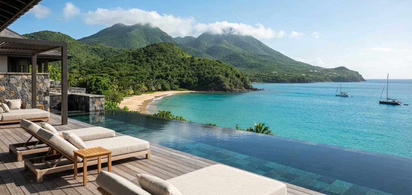 Coastal view of St. Kitts with mountains and sea