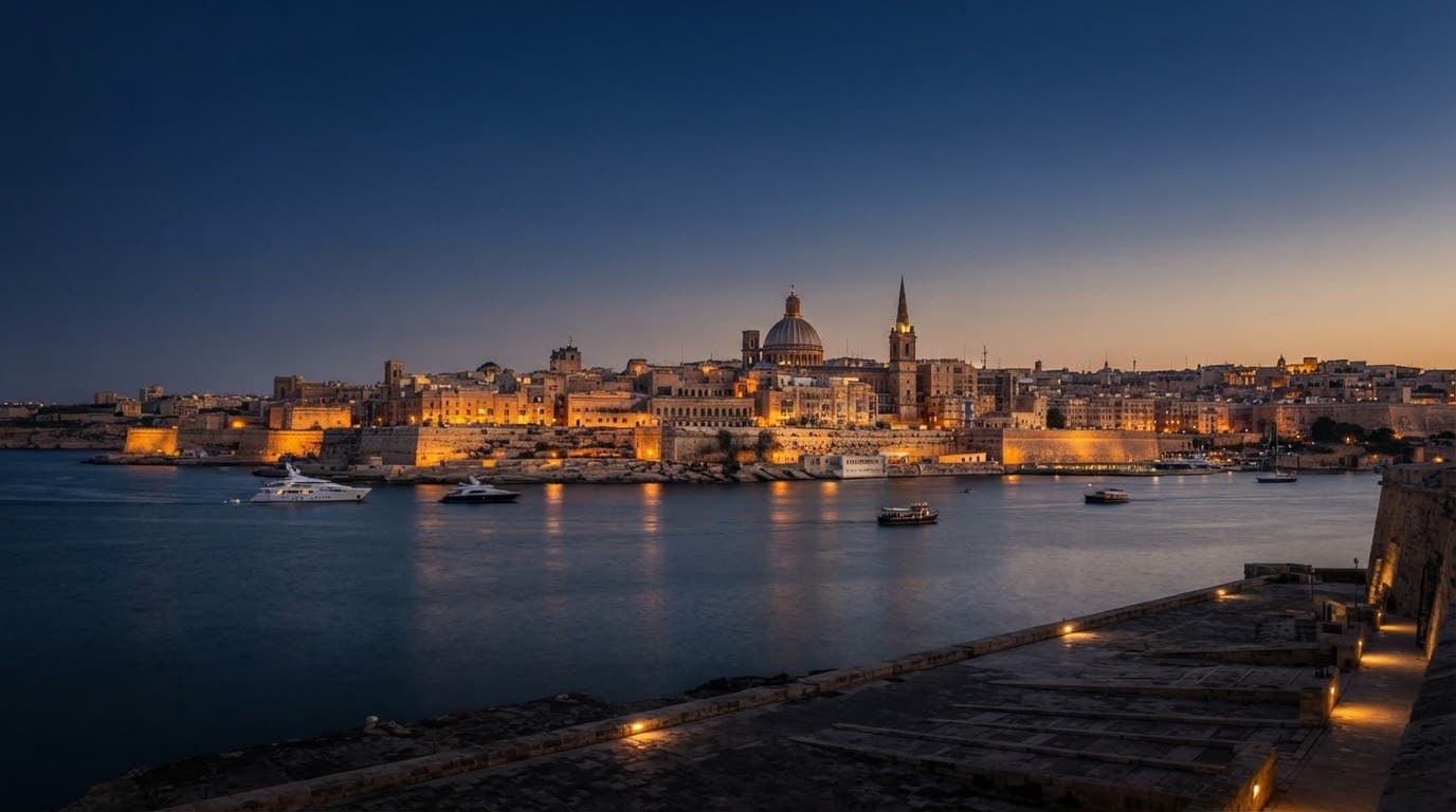 Panoramic view of Valletta harbour at dusk, Malta