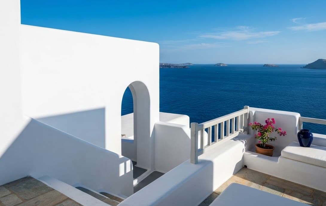 Whitewashed architecture overlooking the Aegean Sea