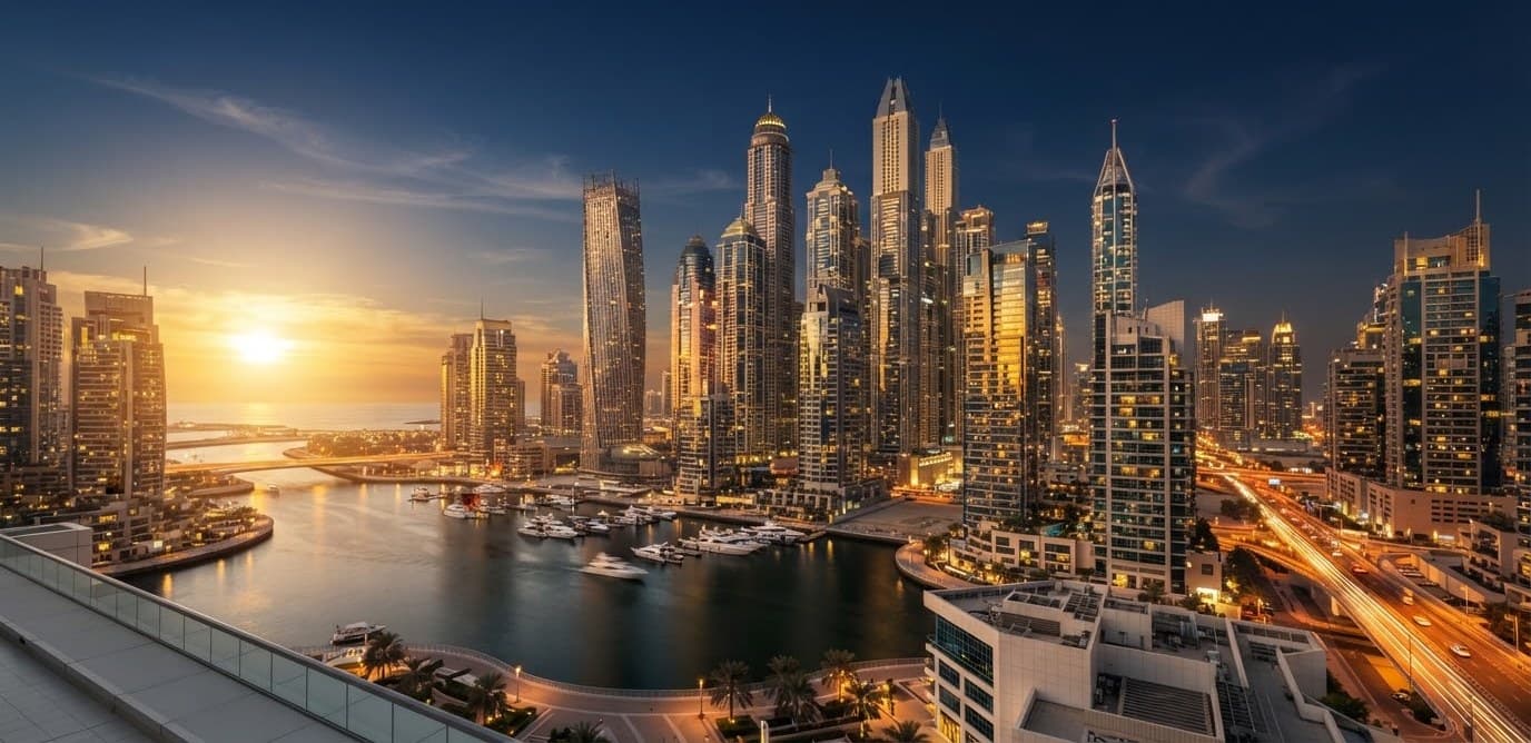 Dubai Marina skyline at dusk
