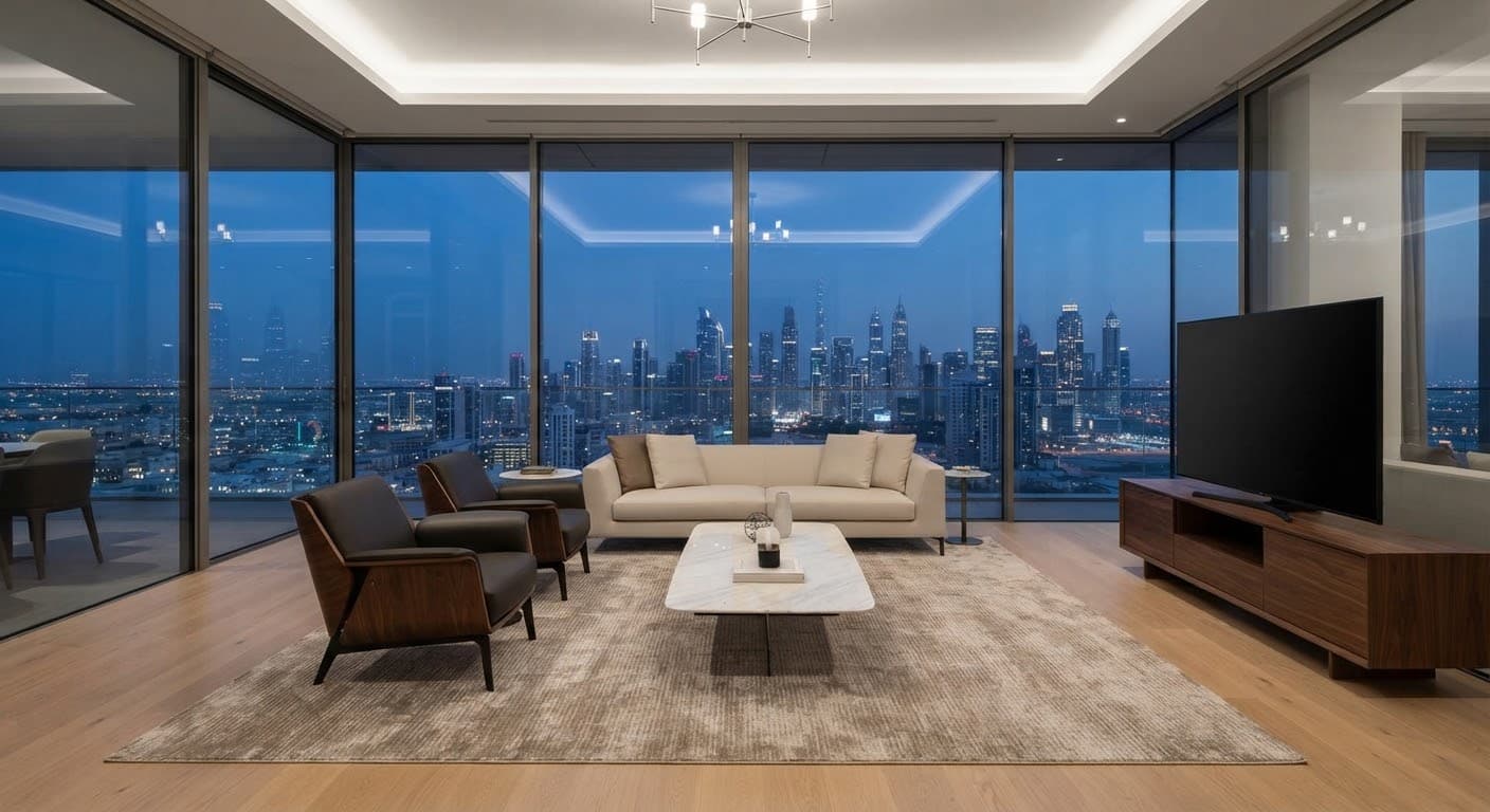 Minimalist high-end office interior at dusk
