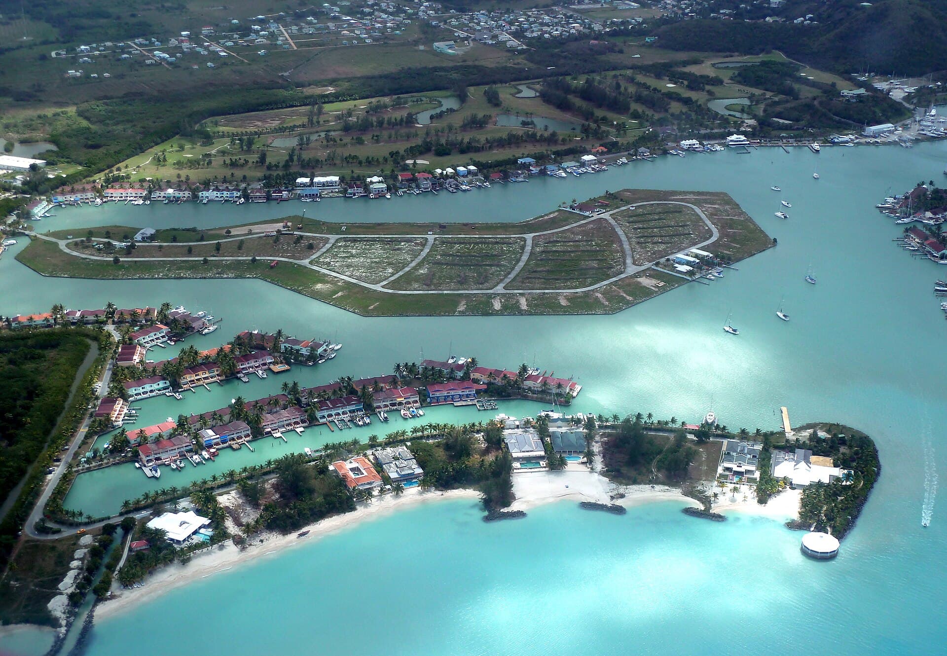 Waterfront villas and marina at Jolly Harbour, Antigua, from the air